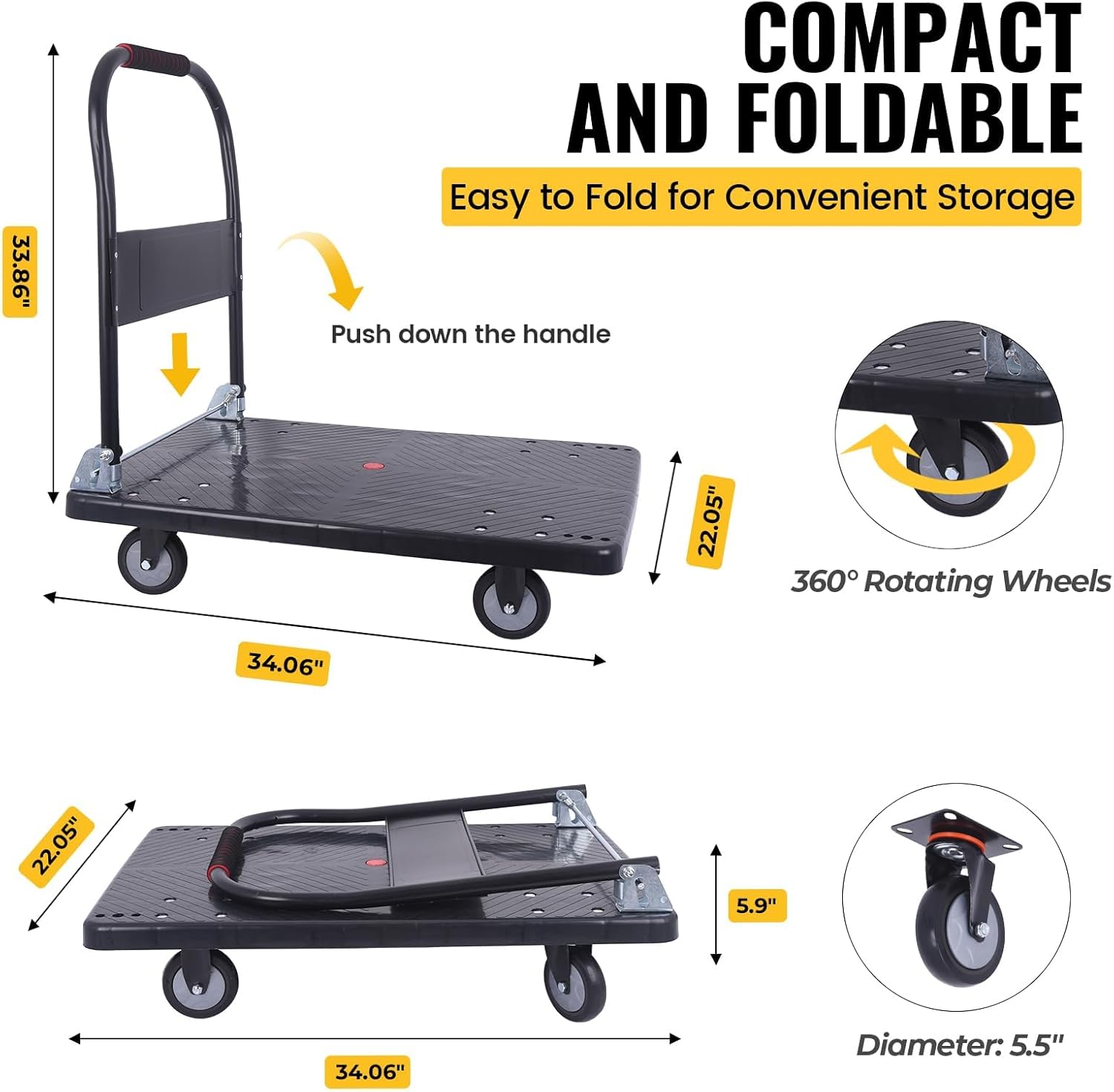 Foldable Heavy Duty Push cart, 660 lbs Dolly with Swivel Wheels for Home、Warehouse or Garage - Black