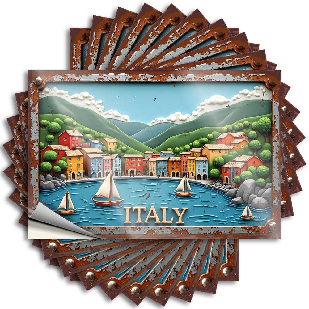 Stuff for Room Decals - Unique Indoor Door Colorful Italian Village By The Sea with Sailboats(12X18CM)