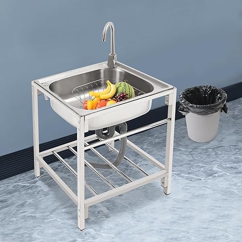 Vista 3 de Fregadero de cocina de acero inoxidable con soporte, fregadero de lavandería simple para el hogar con grifo, lavabo multiusos independiente