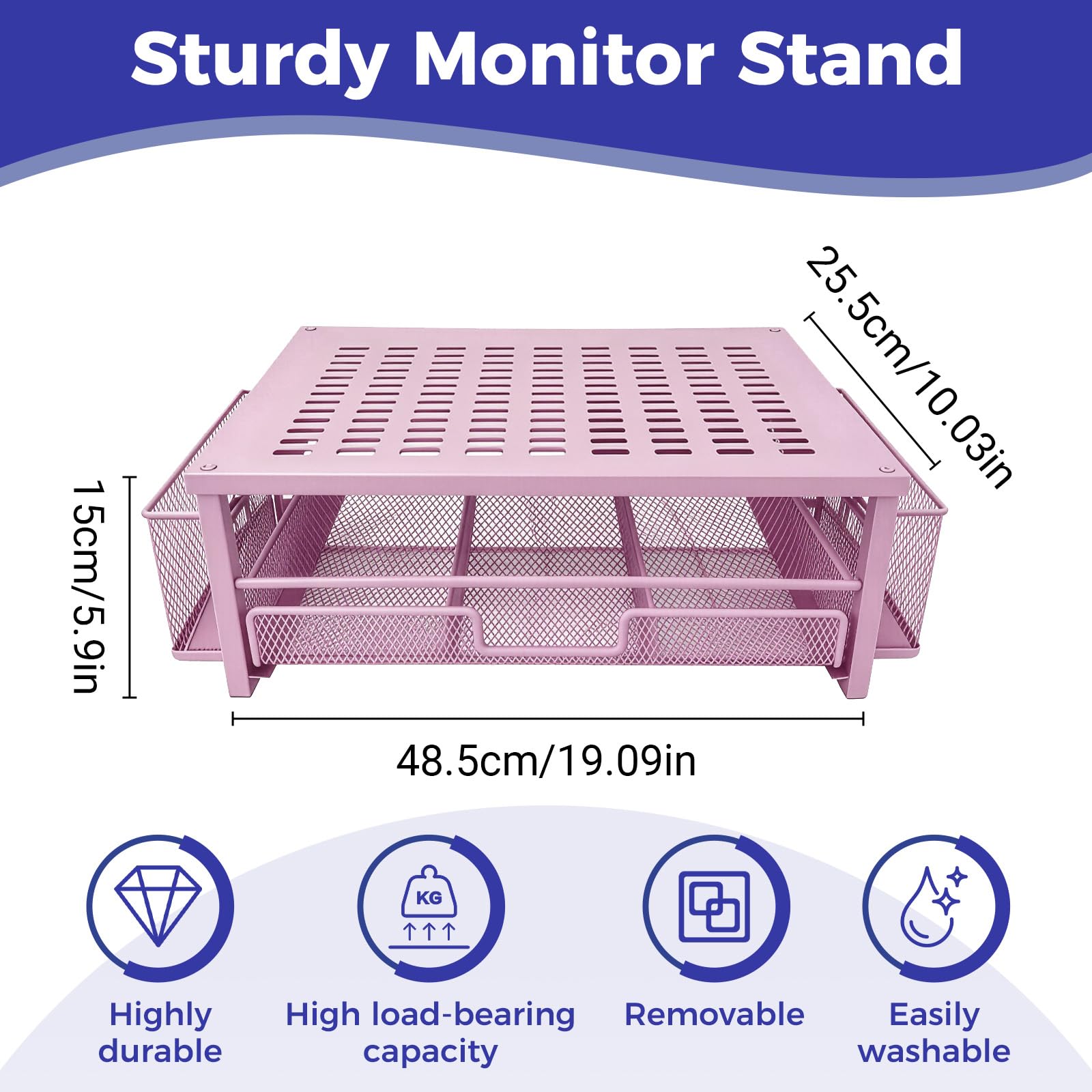 Supporto per monitor in metallo, supporto per scrivania da ufficio con cassetto, accessori da scrivania e 2 portapenne, per stampante, notebook (rosa)
