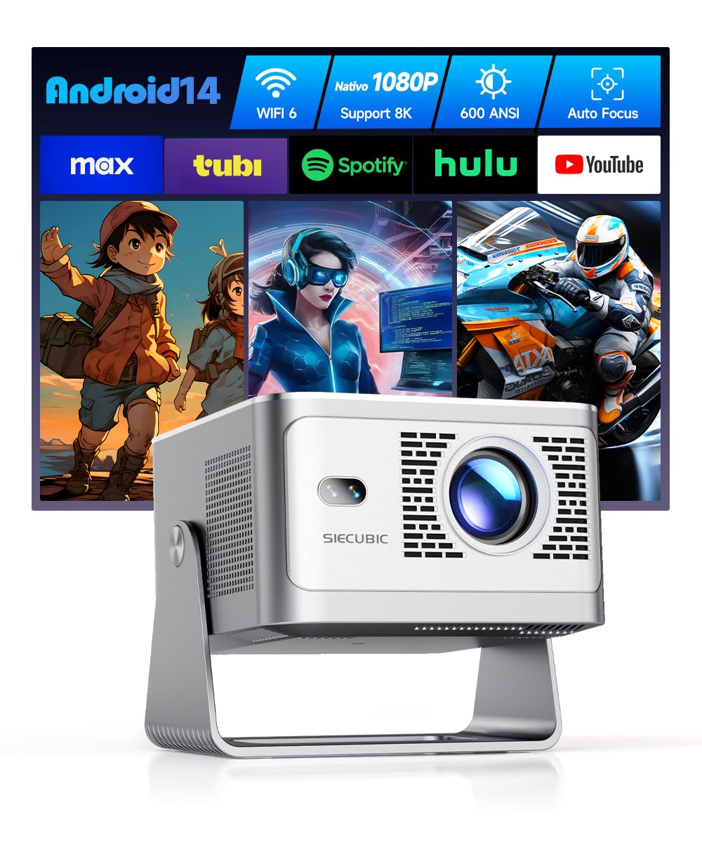 Mini Proiettore Portatile, Videoproiettore 4K Full HD 1080P, 600 ANSI, Android 14 WiFi 6 Bluetooth 5.4, Correzione di Distorsione e Foco Automatico, Cinema Casa Interno ed Estern