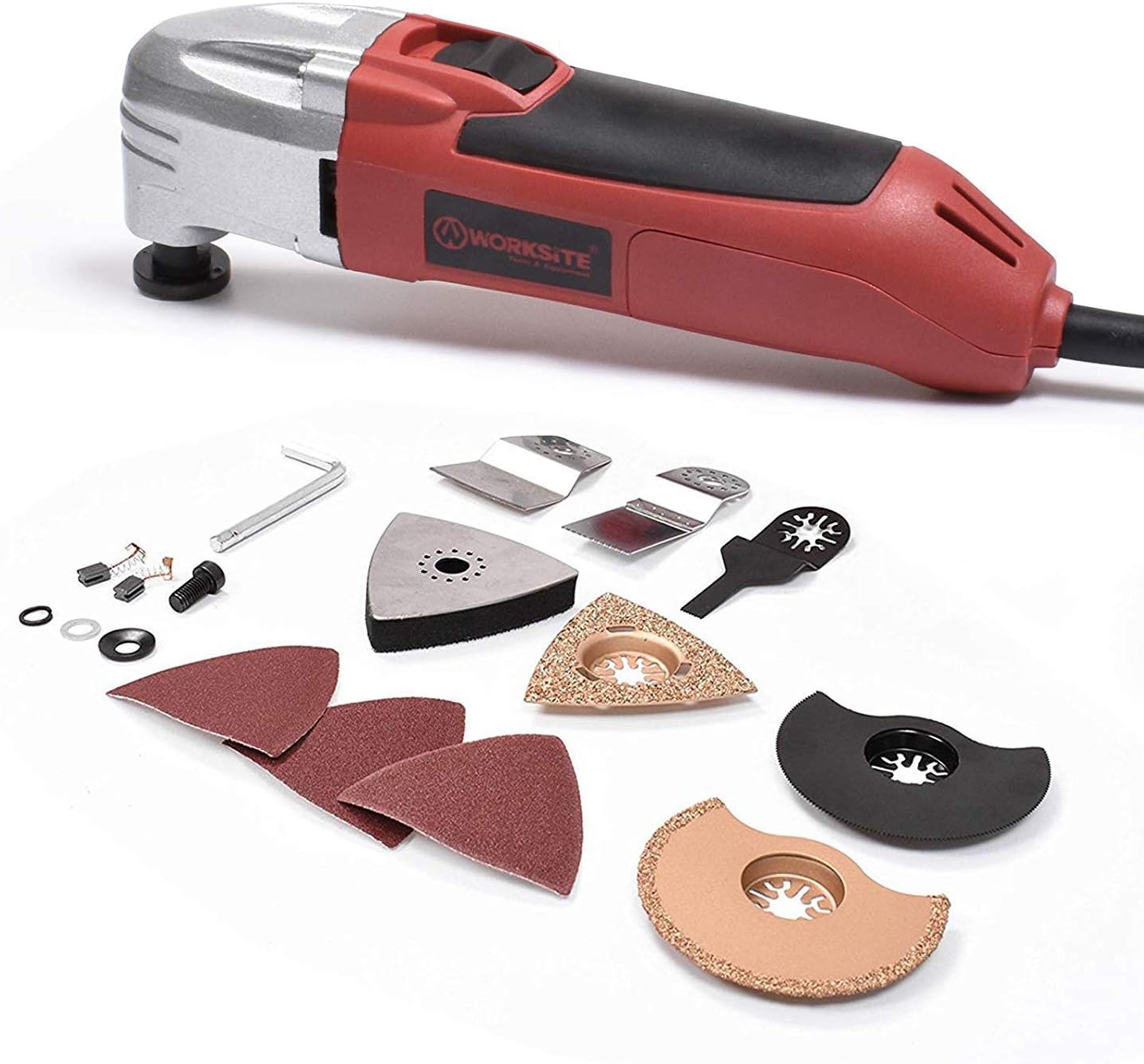 WORKSITE DMT123 Oscillating Multi-Tool with Carbide Grout Blade, Half Moon Saw Blade, Triangular Carbide Grit Rasp Blade, Rigid Scraper Blade, Triangular Sanding Pad for Shoveling, Sanding, Cutting