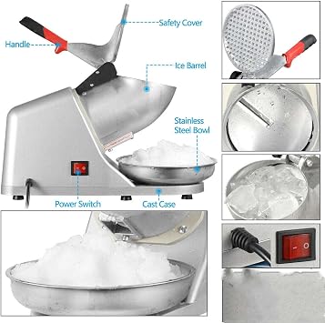 Electric Ice Crusher, Snow Cone Maker with Dual Stainless Steel Blades, Ice Crushing Machine for Home, Restaurant, and Commercial Use