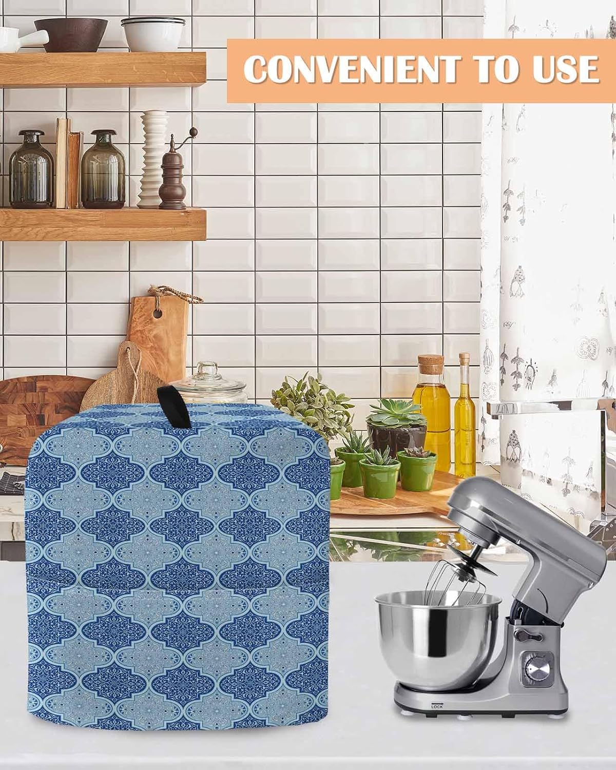 Blue Geometric Stand Mixer Cover with Storage Pocket, Waterproof Kitchen Mixer Covers, Retro Morocco Abstract Art Kitchen Appliance Dust Cover Compatible with 4/4.5 Quart Mixers