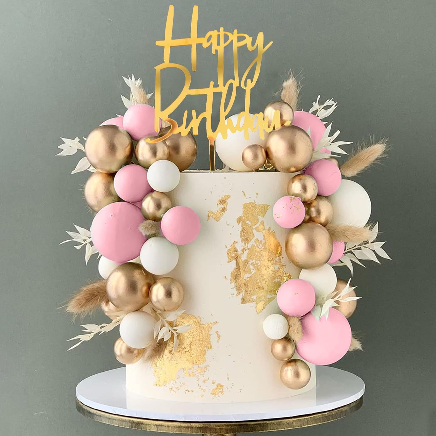 Ptyism 50 Pcs Pink Ball Cake Topper，Balls for Cake Decorating丨Pink White Gold Pearl Balls,Ball Cake Toppers for Birthdays,Bohemian Celebrations, Christenings,Etc.