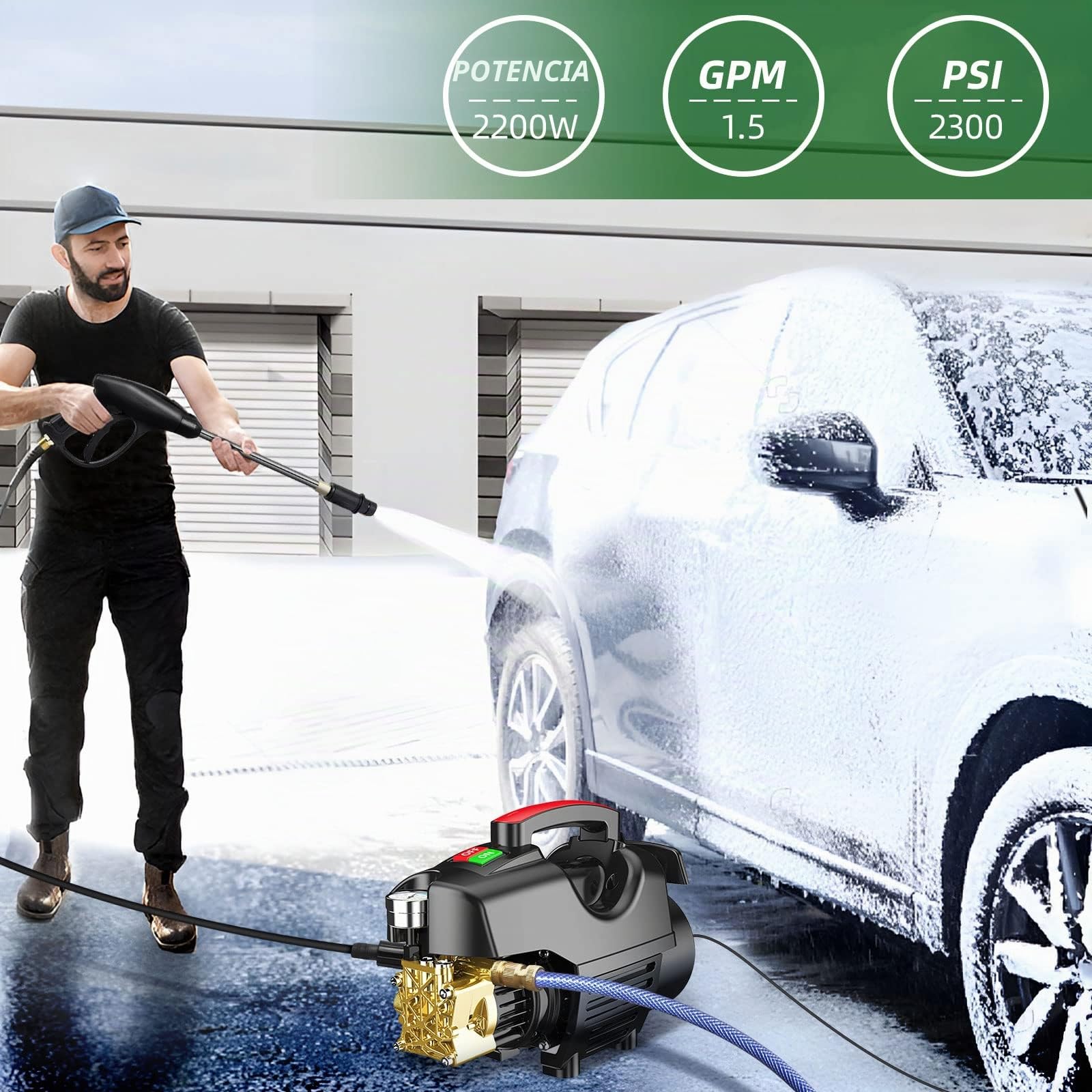 Hidrolimpiadora de Alta Presion, Hidrolavadora Profesional de 180bar, 6,5 l/min 2200W con Tubería de Entrada de Agua de 2 m, Tubería de Salida y Accesorios, para el Hogar/Automóvil/Patio