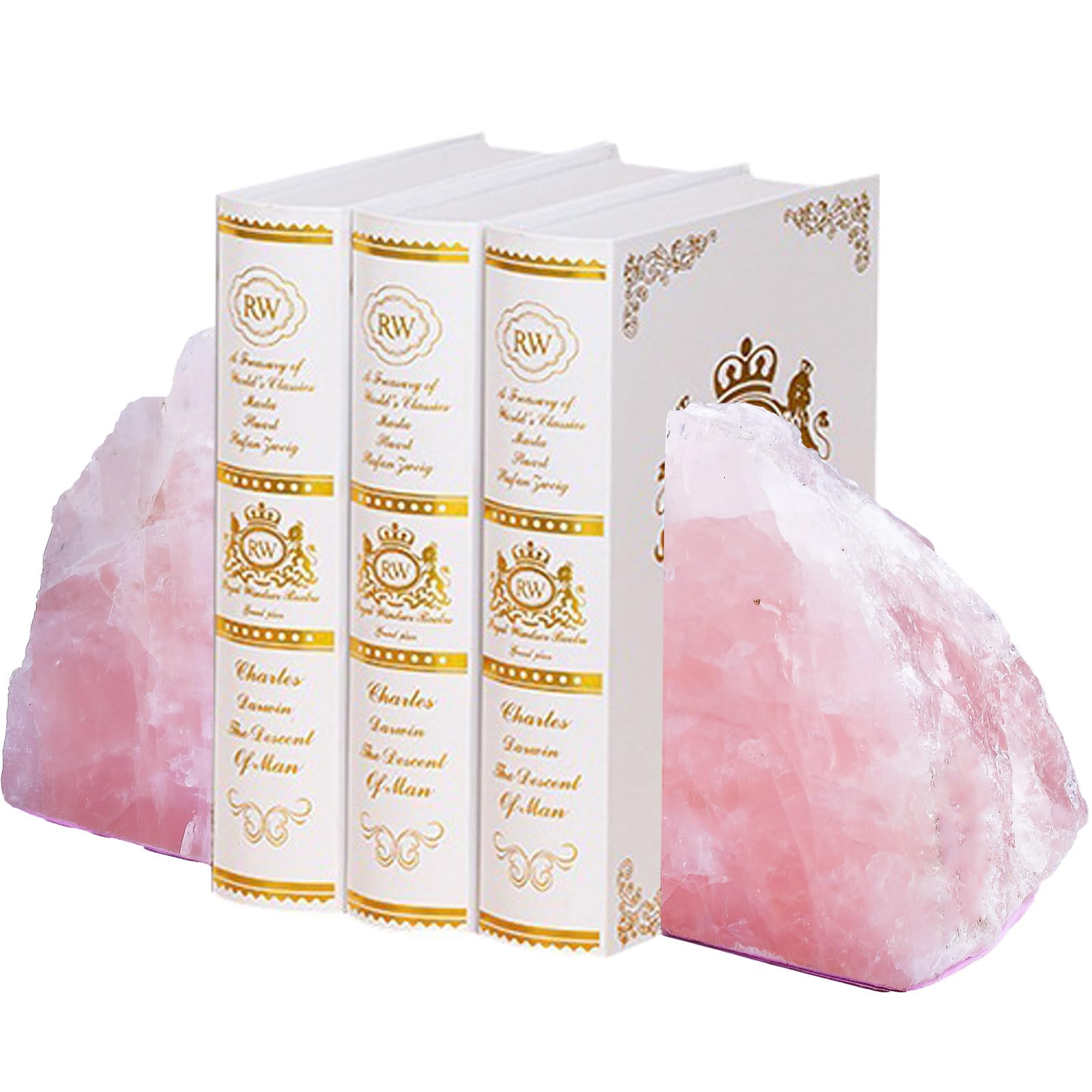 Rose Quartz Bookends Heavy Duty Pink Healing Crystal Stone Book Holders Decorative Book Ends Office Home Decor Small 1 Pair 4-6 Lbs