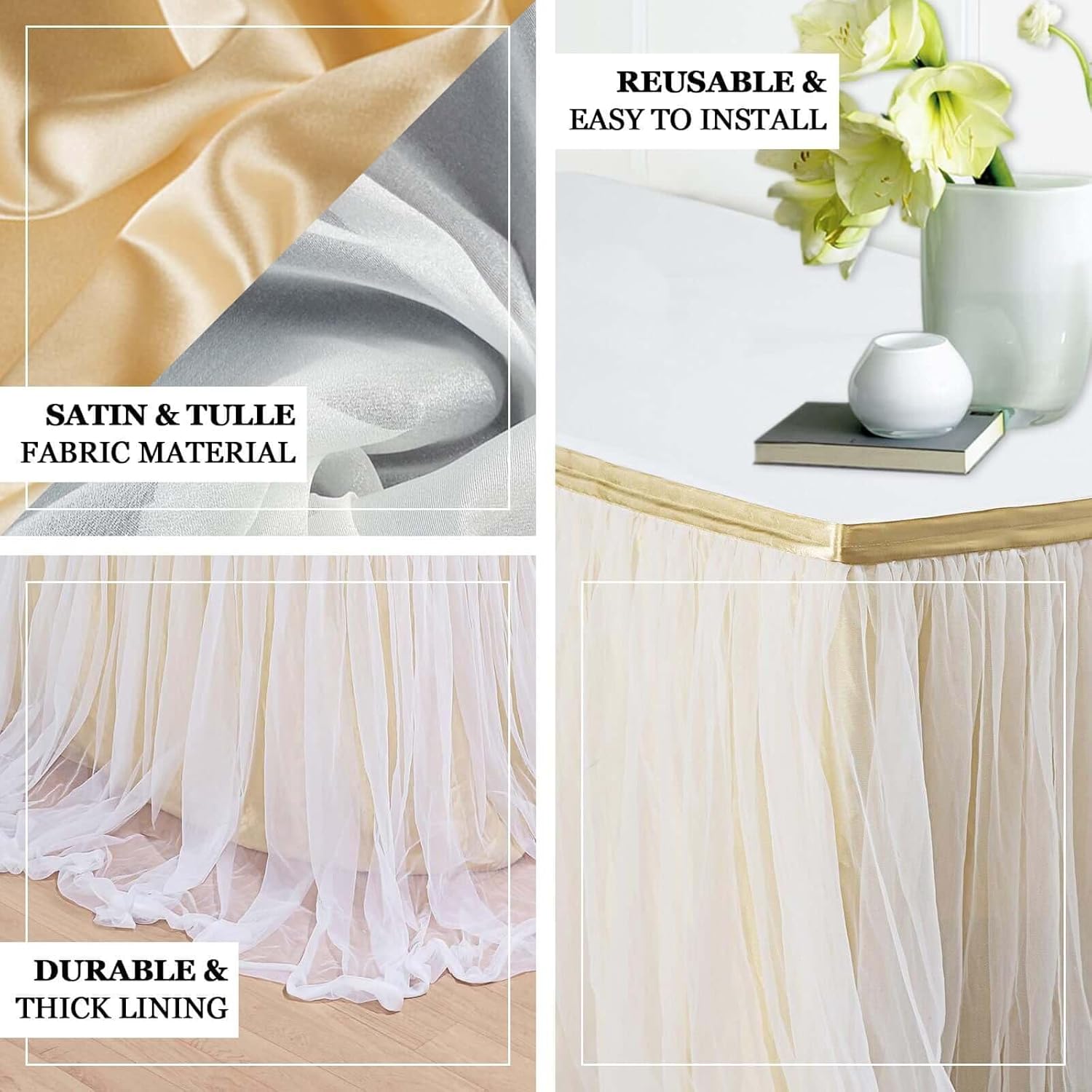 Efavormart 14Ft White Extra Long 48" Two Layered Tulle & Satin Table Skirt for Wedding Party Decoration