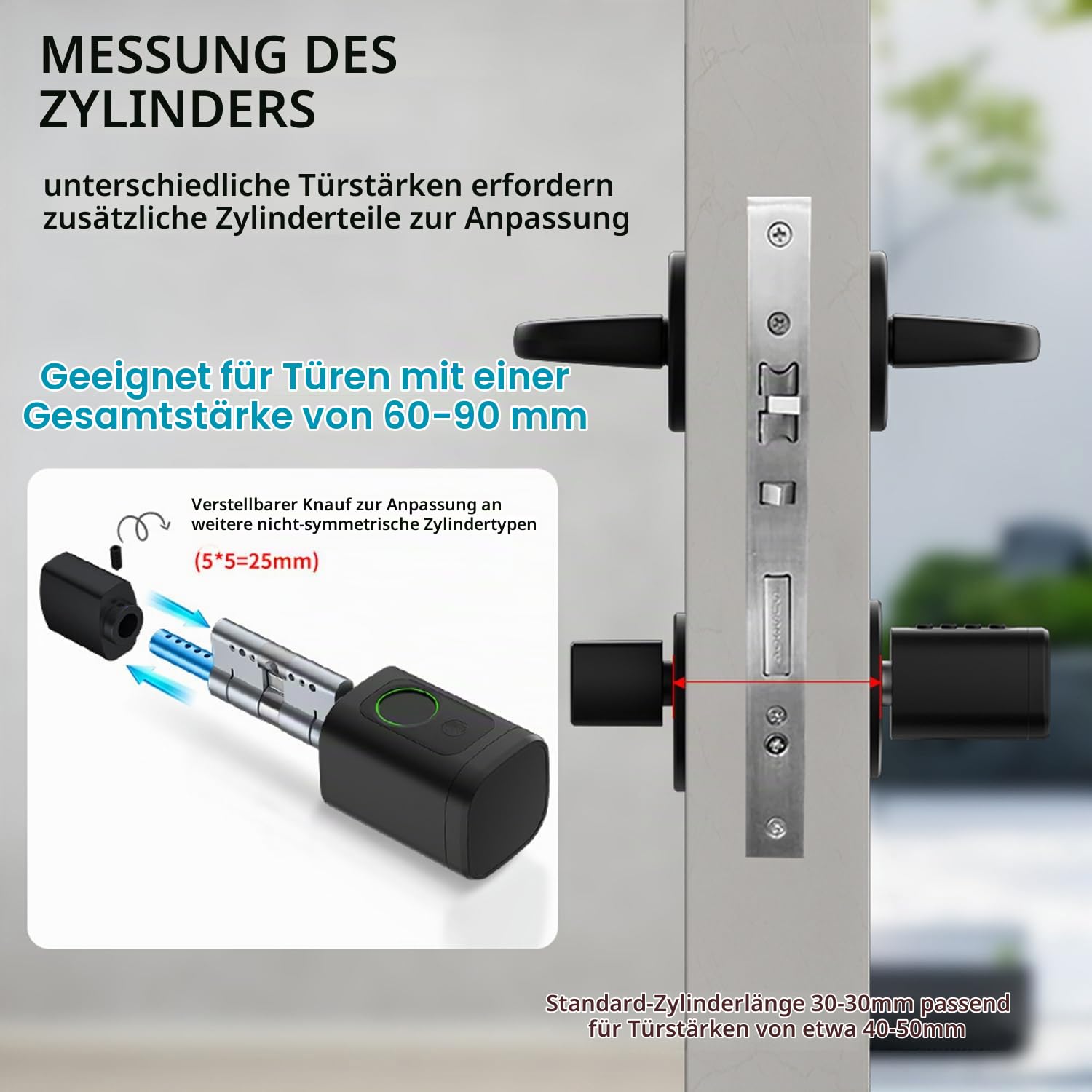 Türschloss Fingerabdruck,Elektronisches Türschloss Haustür Code,Smart Lock SchließZylinder 60mm,Fingerabdruck Schloss Mit Bluetooth und App,mit 2 Schlüssel,4 IC-Karte,für Türen von 60-90 mm(Schwarz)