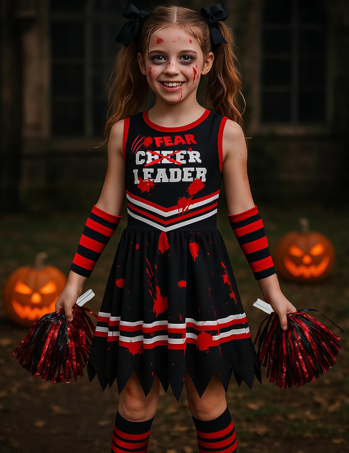 Halloween Cheerleader Costume for Girls, Zombie Cheerleader Costumes Scary Bloody Fear Cheer Leader Outfit for Kids - Image 7