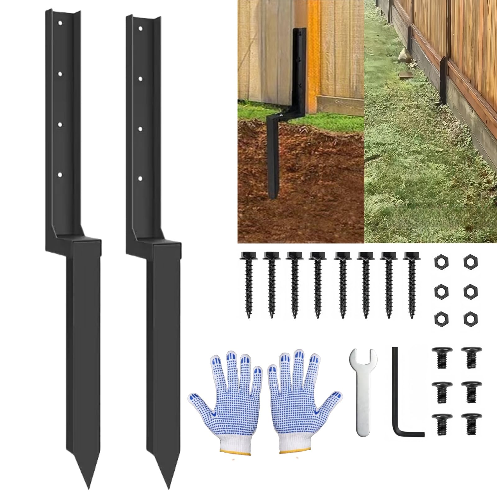 2PS Thickened Steel Fence Post Repair Kit, Weatherproof Ground Anchor Spike, Heavy Duty Anti-Tilt Stabiliser for Restoring Broken & Leaning Outdoor Garden Timber Fences