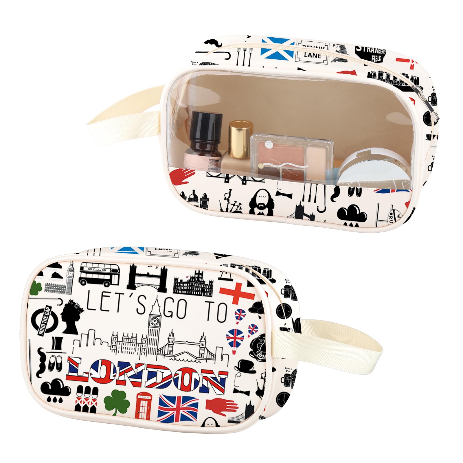 London Tavel Vacation Gift London Trip Clear Makeup Bag Let’s Go To London PU Leather Cosmetic Bag London Souvenir (London PU)