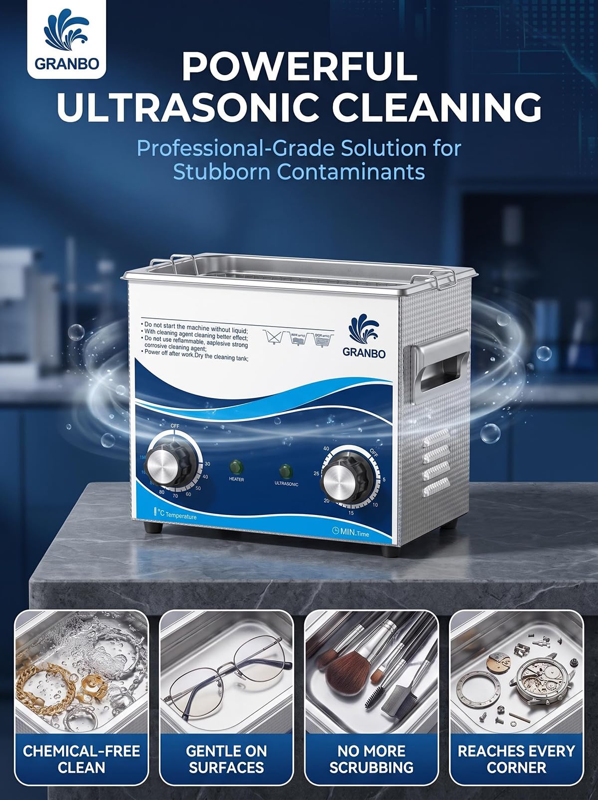 Granbo Limpiador ultrasónico de 3.2 L con calentador y temporizador, limpiador sónico de acero inoxidable 304, limpiador ultrasónico de piezas de 0.8 galones con perillas, limpiador ultrasónico de