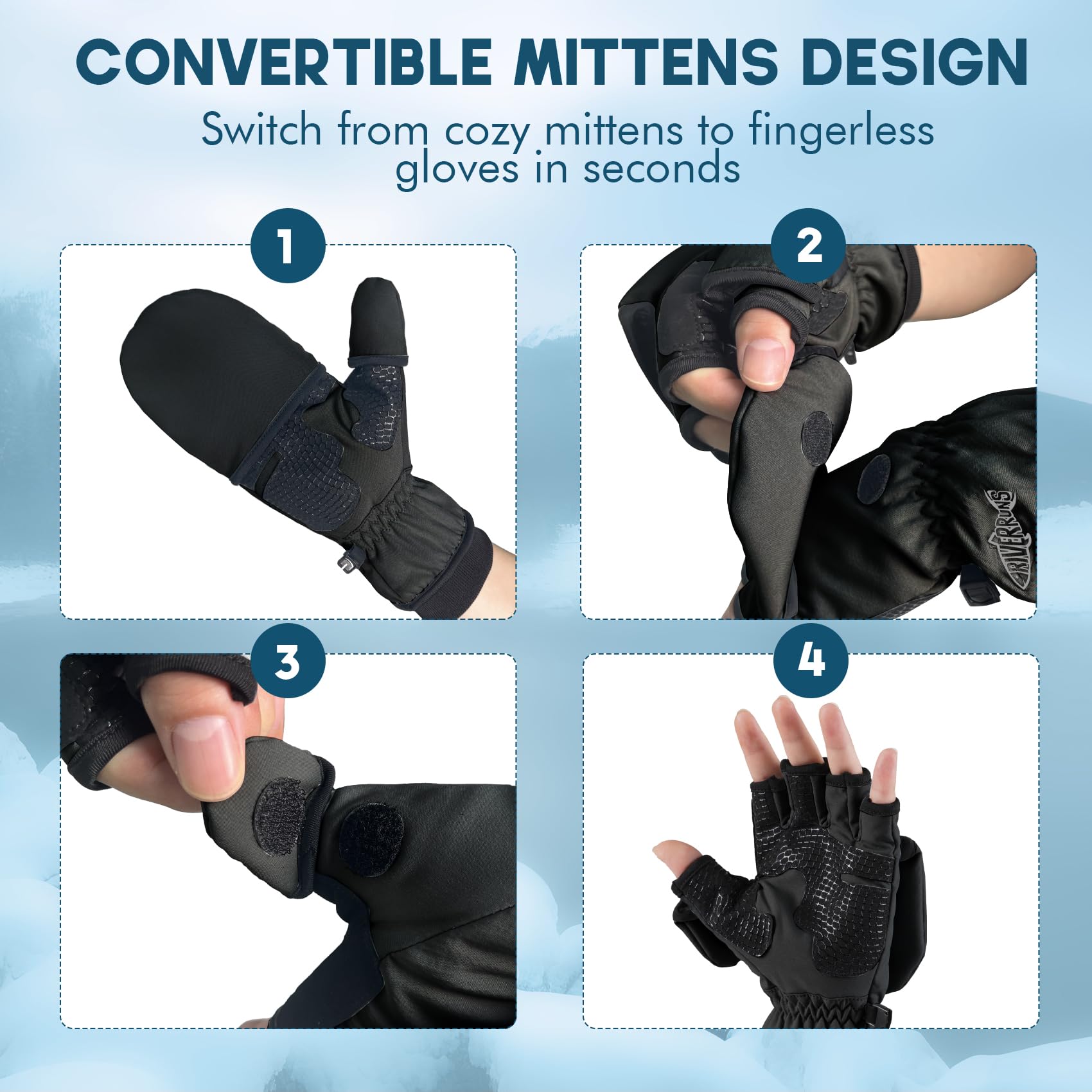 Riverruns Winter Fishing Gloves Convertible Mittens and Fingerless Gloves for Men Women, Ideal for Ice Fishing, Photography, Hunting, Outdoor Use