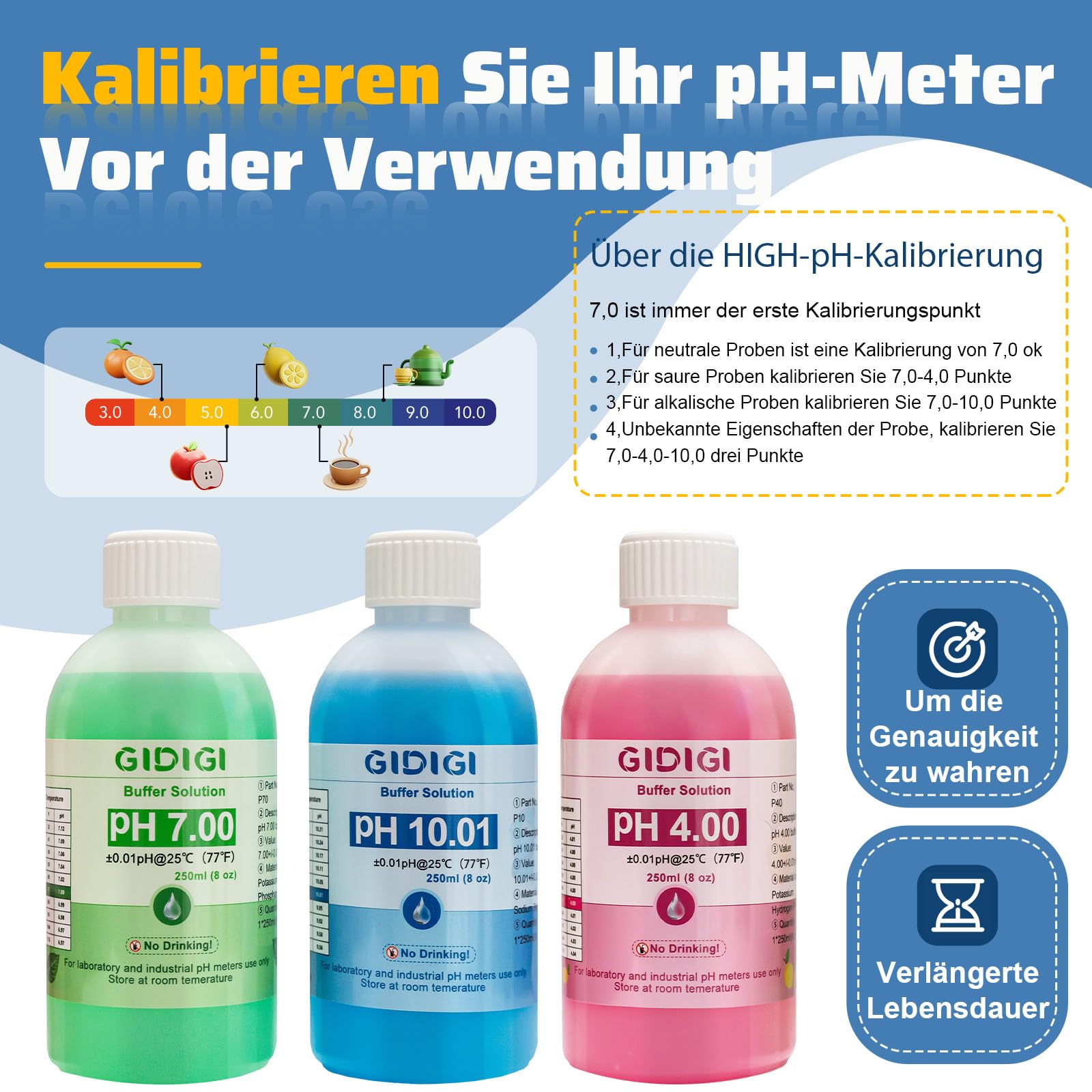 pH Messgerät Kalibrierungslösungs Kit, Enthält pH 4,00, 7,00 und pH 10,01 Lösung, pH Meter Sonden Kalibrierungslösungspuffer, pH Tester Zubehör 250 ml*3 (8,4 fl oz)
