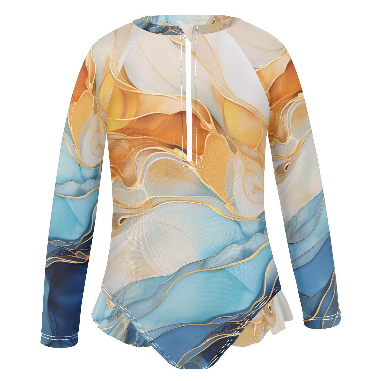 ALAZA Swimsuit for Girls Long Sleeve Rashguard Bathing Suit Marble Blue Orange Quick Dry 4T