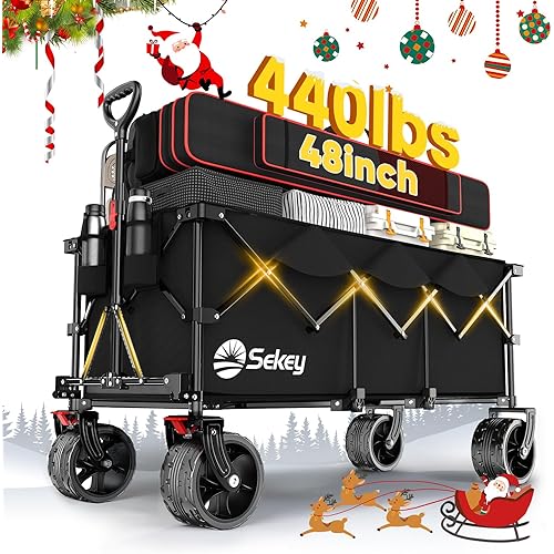 Sekey 48''L Collapsible Foldable Extended Wagon with 440lbs Weight Capacity, Heavy Duty 300L Folding Utility Garden Cart with Big All-Terrain Beach Wheels & Drink Holders. Black