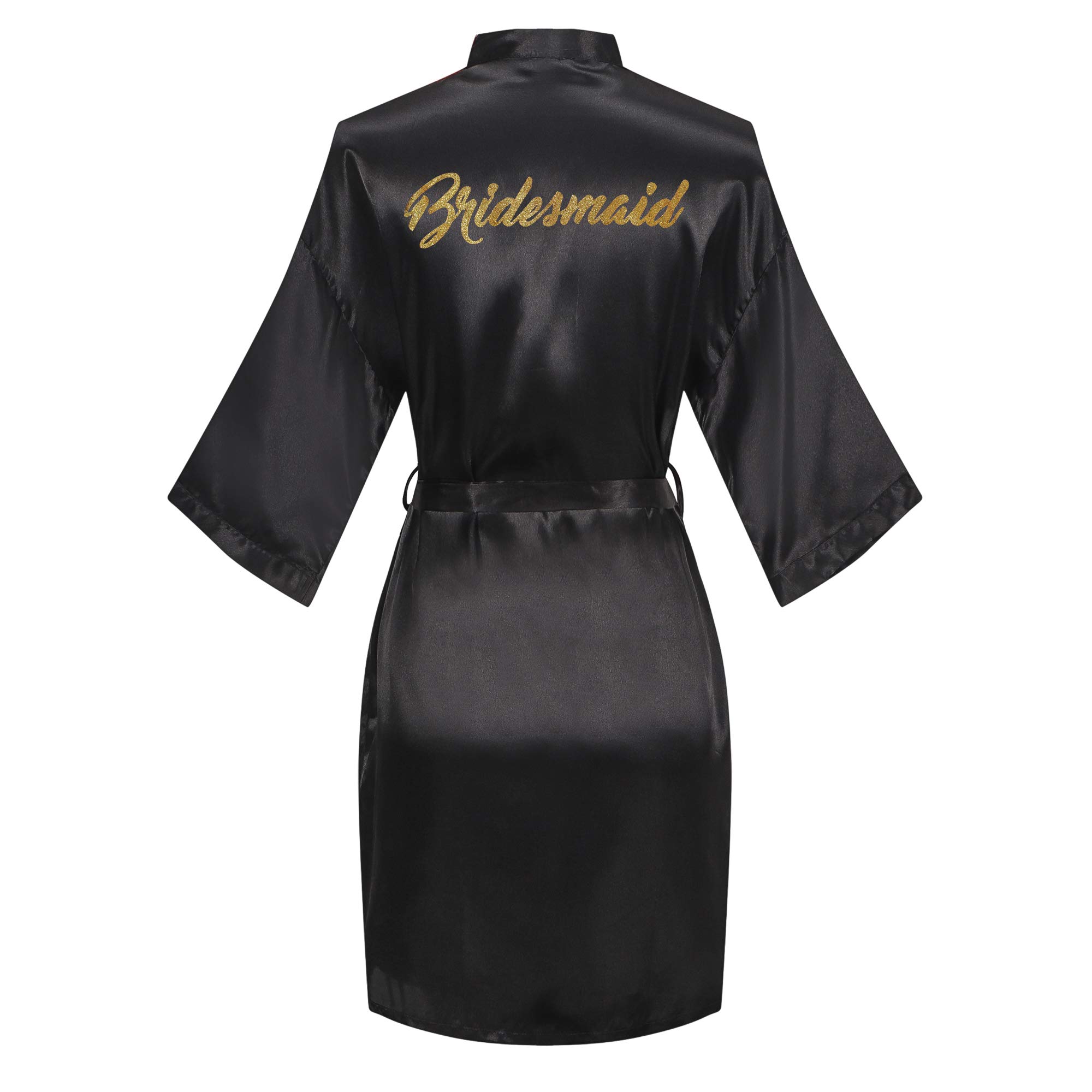 Bridesmaids Getting Ready Robes for Wedding Party Black Satin Kimono Bathrobe Short S