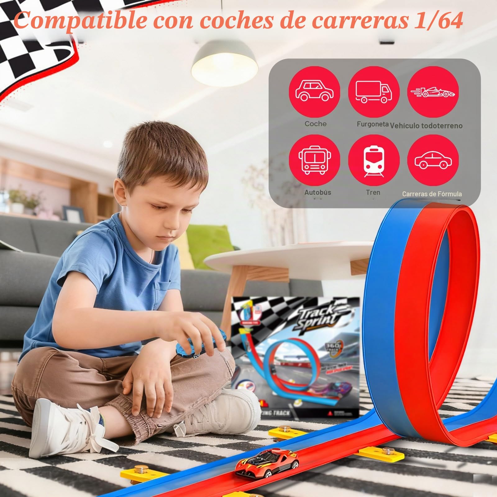 Pista Coches Flexible 5M, Pista de Coches para Niños, Rampas para Coches Incluye 6 Coches, Juguete Regalo para Niño Niñas, Rojo Azul
