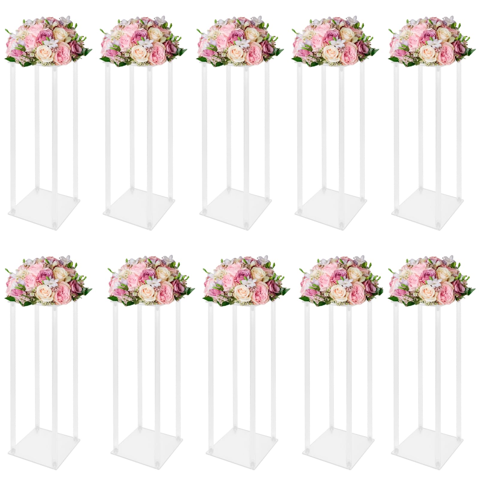 FiueStur 10 Pack Clear Acrylic Flower Stands 20x20x60cm Wedding Tabletop Centerpiece Displays for Party Decor Cake Display Holder Modern Pedestal Riser