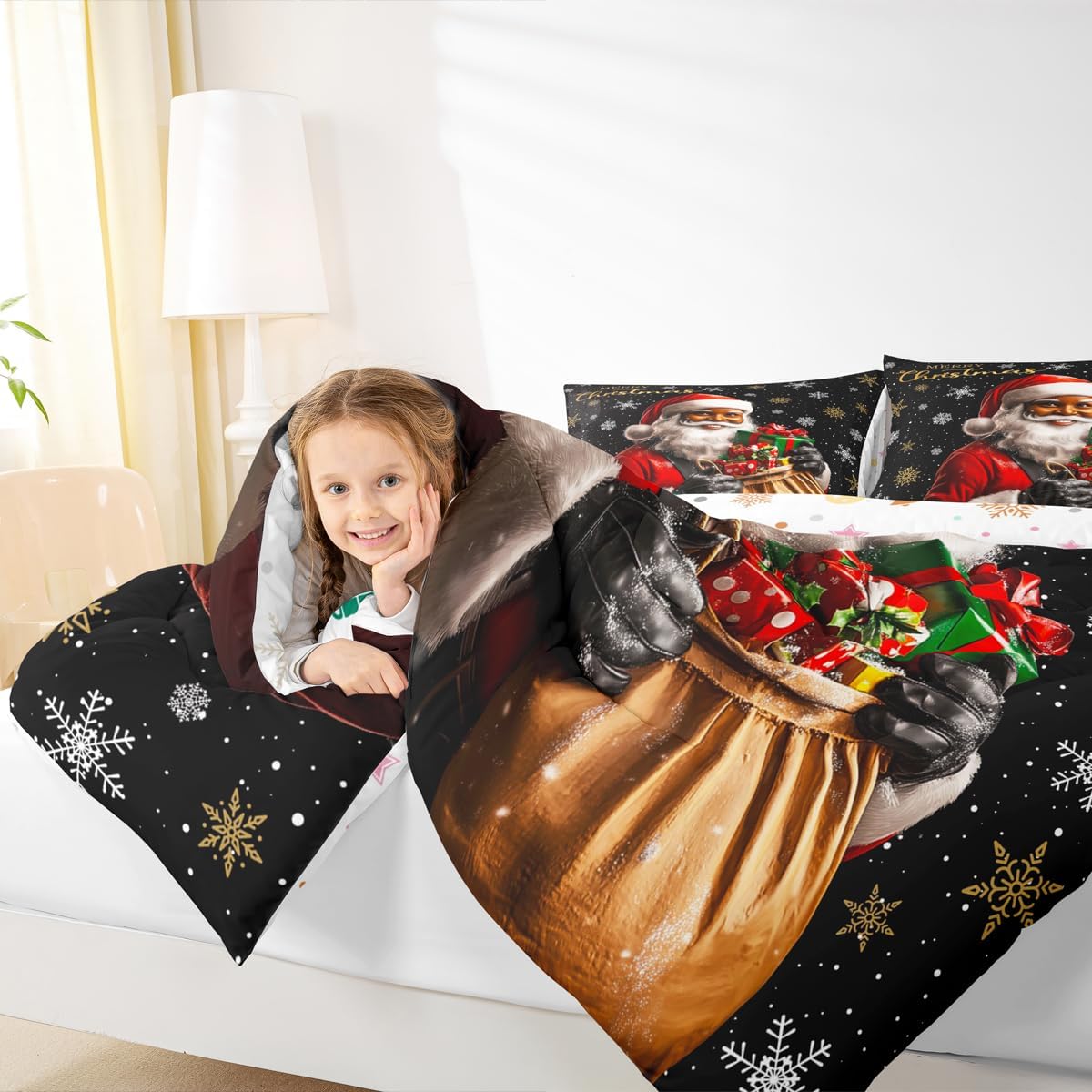 Feelyou Christmas Comforter Set Full Size Black Santa Claus Bedding Set for Kids Boys Girls Xmas Gifts Duvet Quilt African American Man Bedroom Decor Snowflake Microfiber 3Pcs with 2 Pillow Cases
