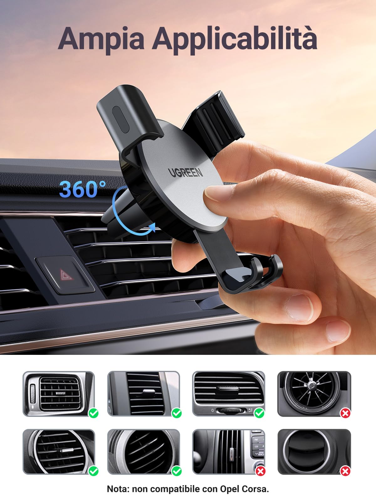 Supporto Auto A Gravità UGREEN In Alluminio Per Bocchette D'aria – Compatibile Con IPhone E Galaxy