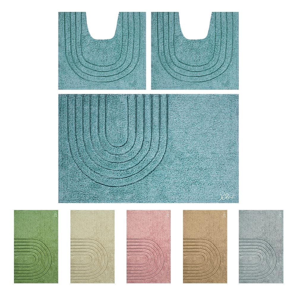 OLIVO.shop | PARURE MODERN, Set Tappeti Bagno 3 pezzi, Tappeti bagno antiscivolo, Tappeto bagno cotone, Tappeti bagno lavabili, vari colori (MODERN BLU)