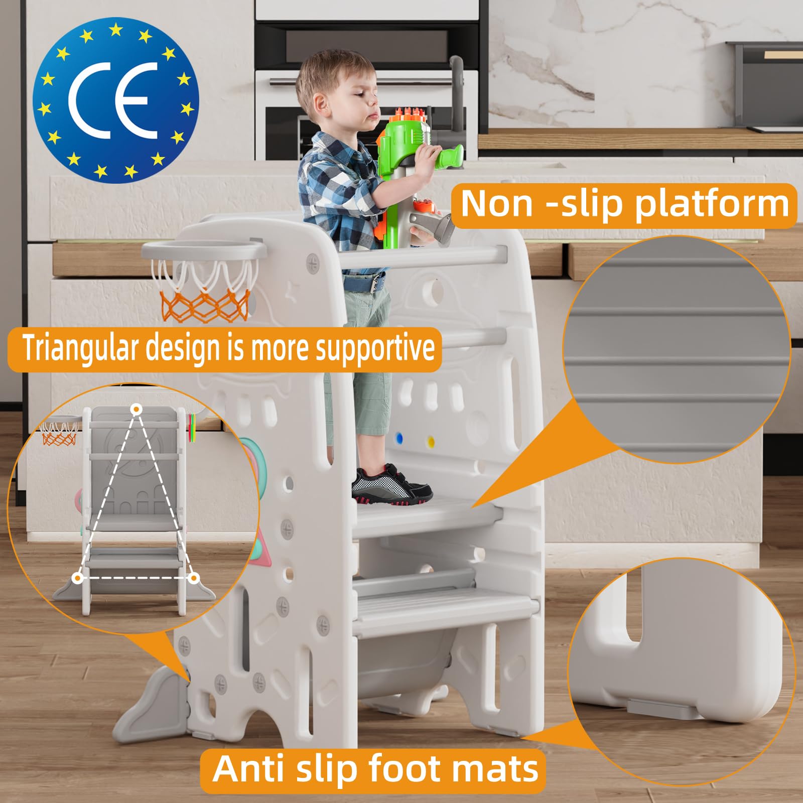 Gupamiga Lernturm für Kinder, Montessori Küchenhelfer, Learning Tower mit Kippschutz, 3 Stufen Höhenverstellbar SST-02