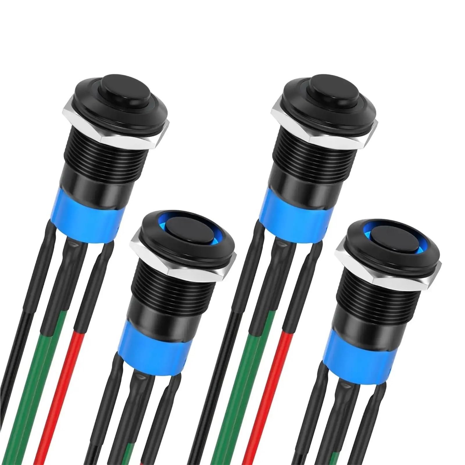 Interruptor pulsador momentáneo de 12 mm, 12 V-24 V, anillo LED, 1 NA, 1 NC (encendido/apagado), carcasa metálica negra, reinicio automático, 1 unidad