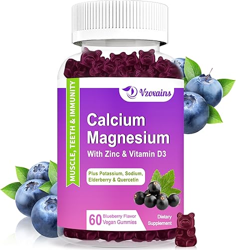 Gomitas de calcio y magnesio de alta absorción, suplemento de calcio y magnesio sin azúcar con vitamina D3 de potasio para fuerza ósea y dental,