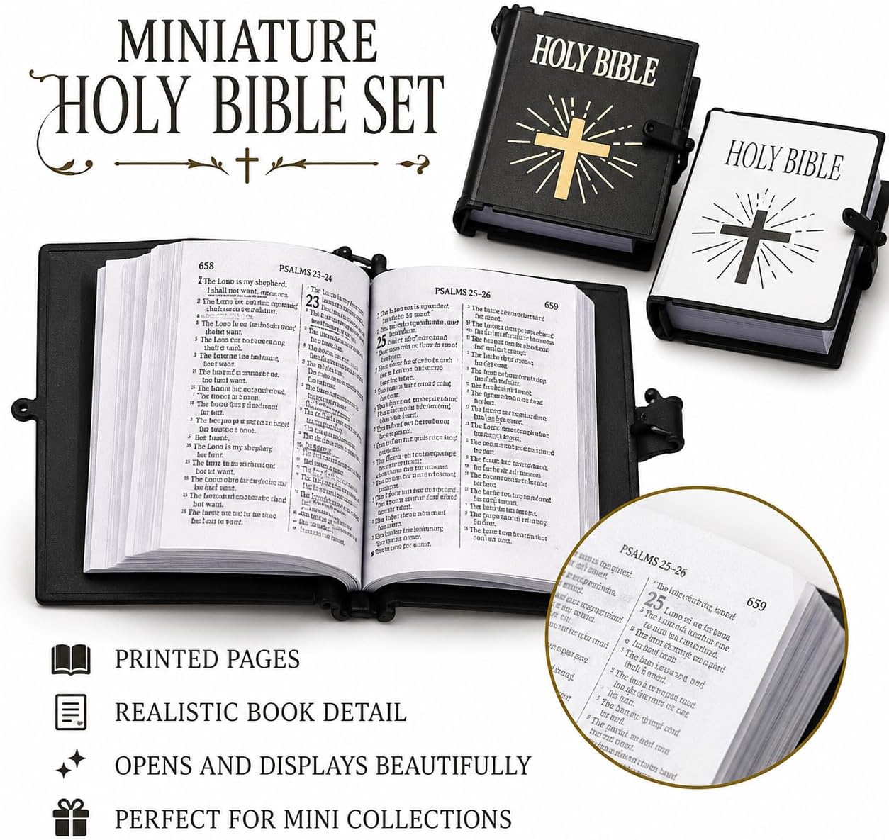 3Pcs Miniature Bible Set, DollsHouses Dollhouse Large Bible with Printed Pages Miniature Church Accessory 1:12 Scale
