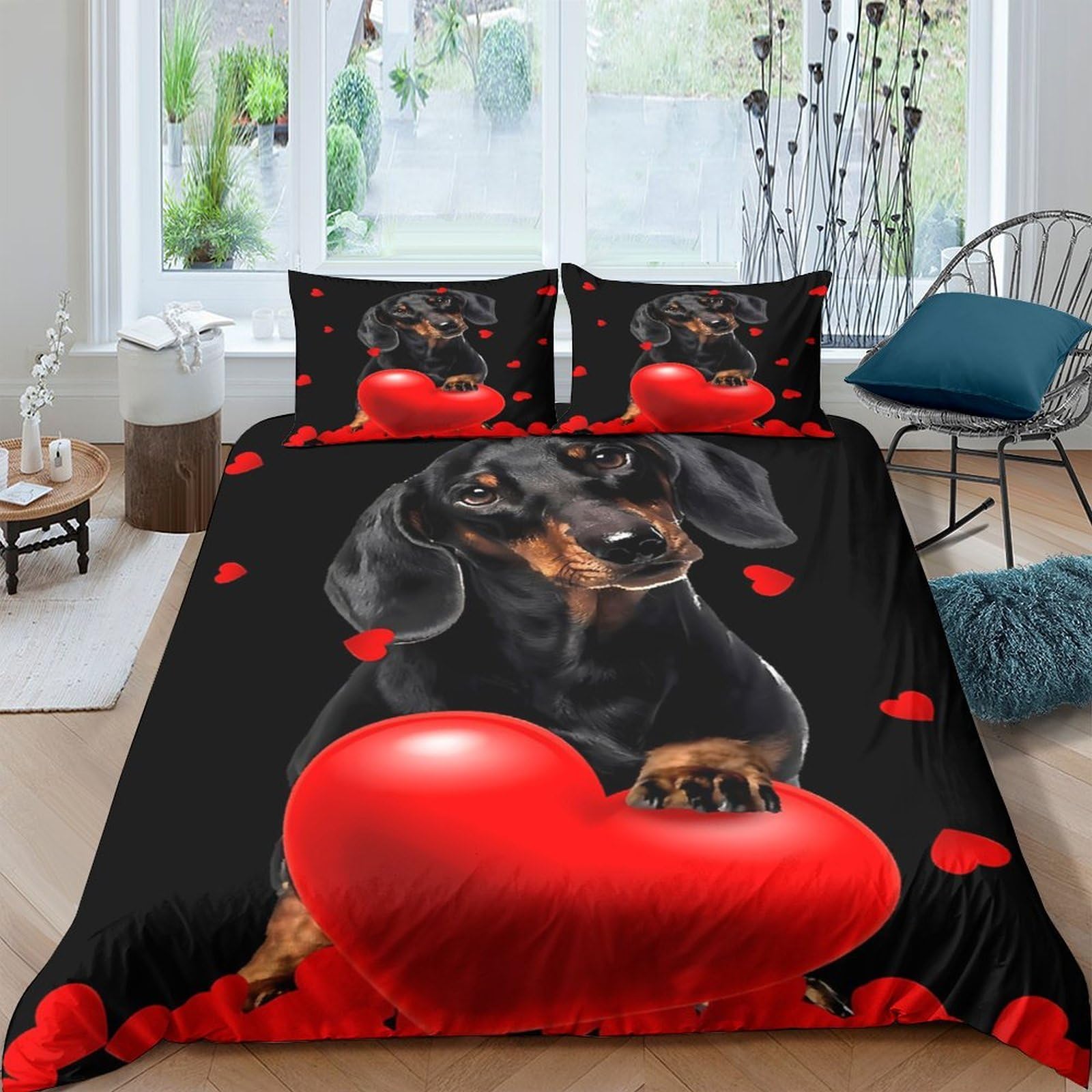 Ctjqhvkz Style-8 3D Printed Dachshund Heart Fitted Sheet Microfiber Soft Black Red Bed Cover For Bedroom Dorm Mattress Protection Decor Single（135X200cm）