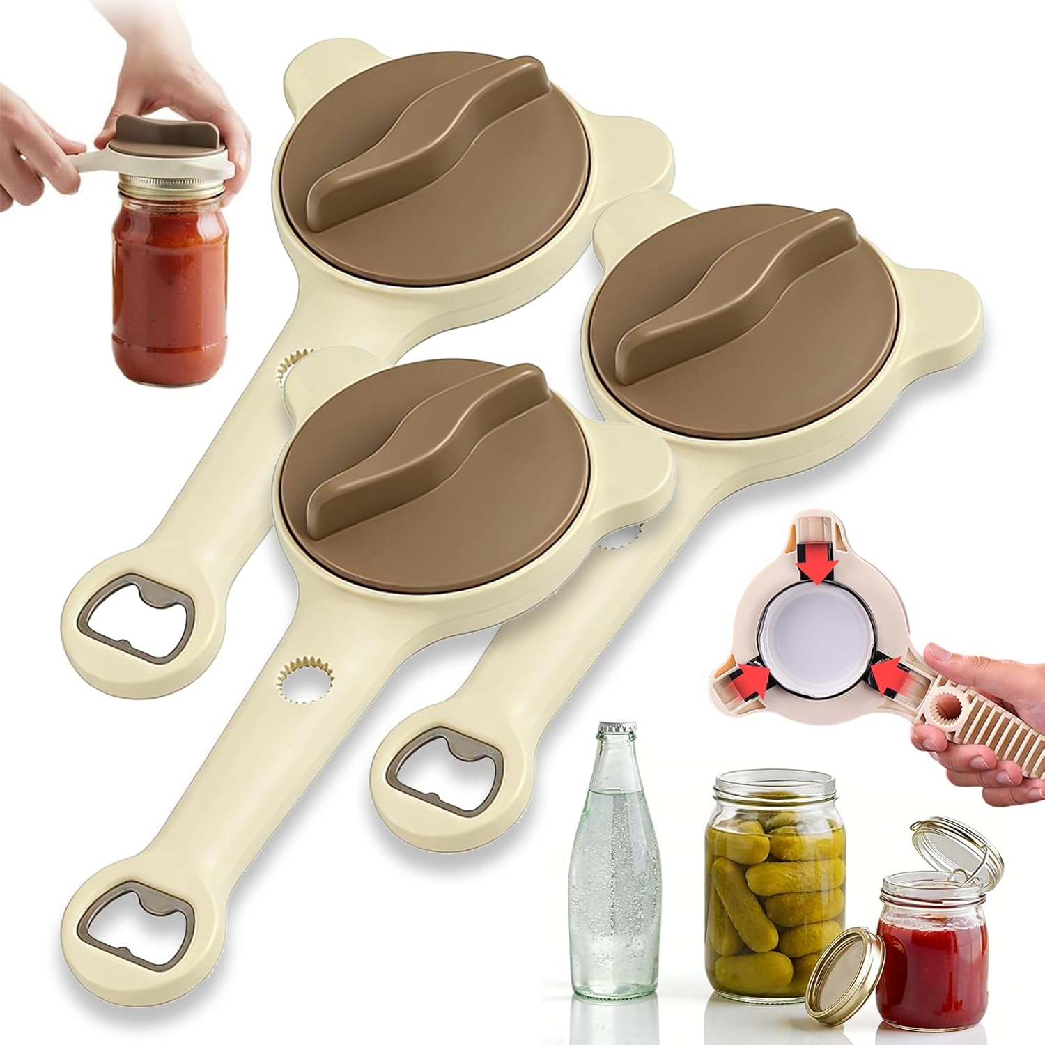 4-in-1 Multifunctional Jar Opener, Adjustable Stainless Steel Jar Opener with Bottle Cap Opener, Lid Gripper & Bottle Opener for Weak Hands, Manual Can Openers Kitchen Gadget (3PCS)