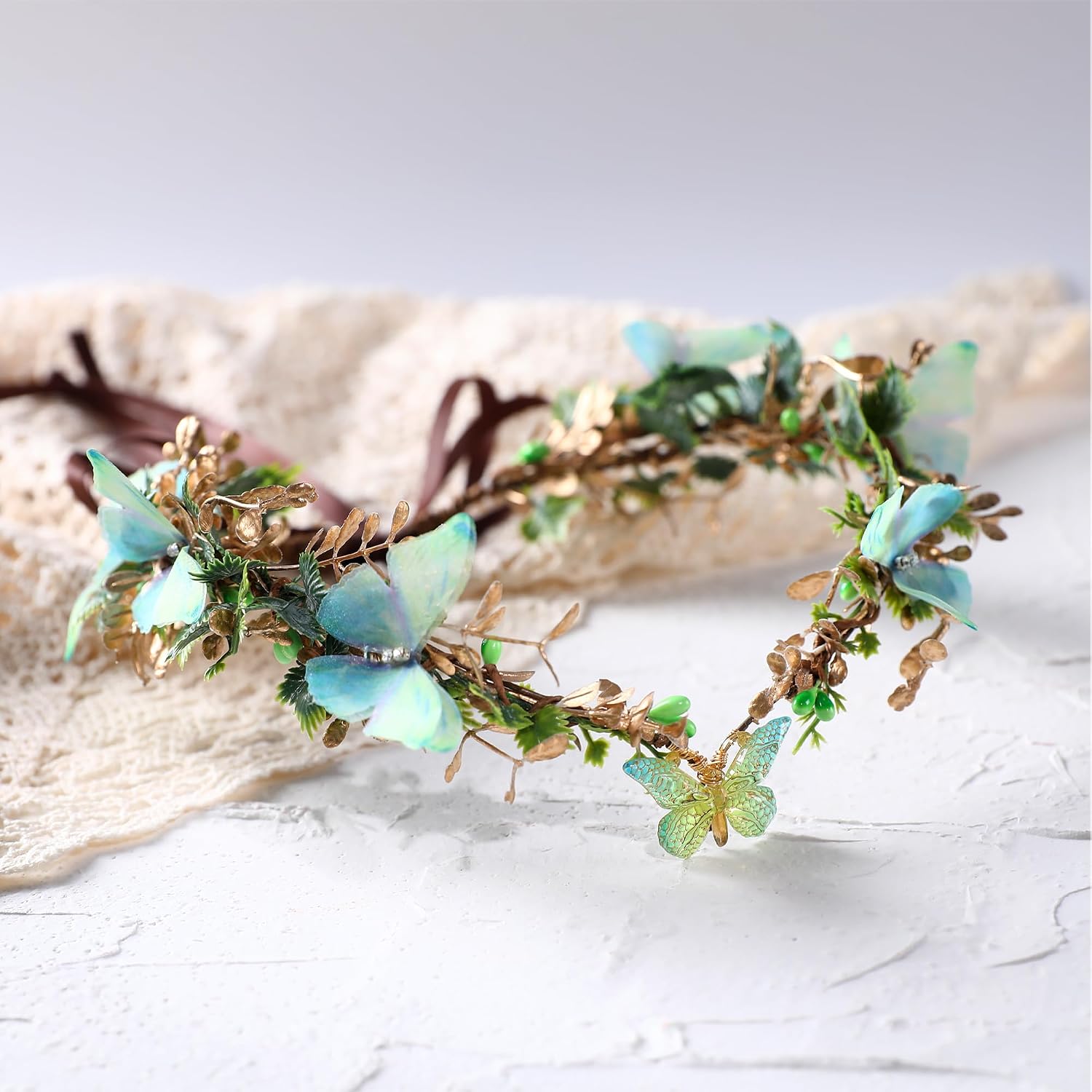 MOSTORY Handmade Fairy Butterfly Crown - Elf Flower Hadpiece Elven Headband for Women s Spring Wedding Maternity Shoot