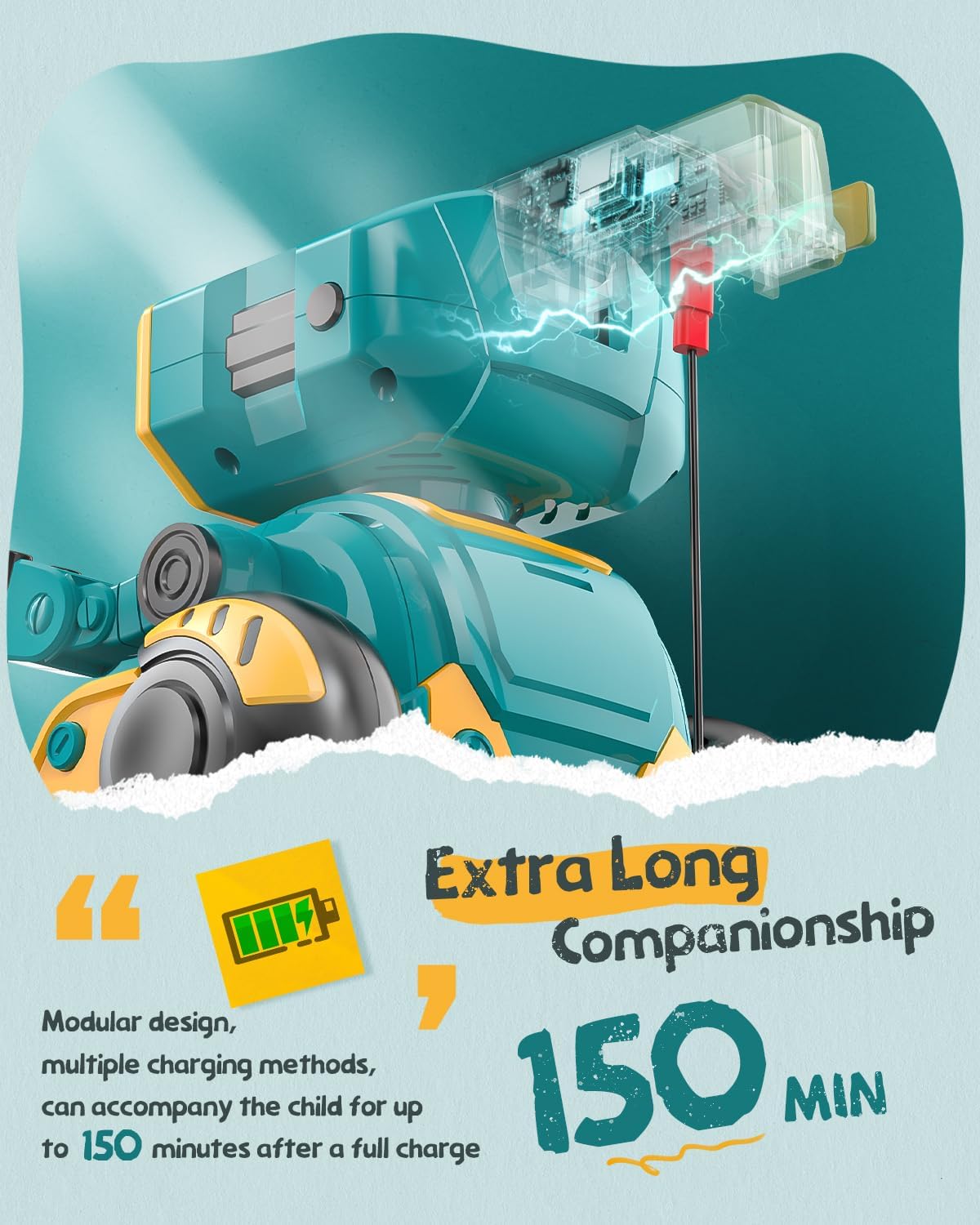 Holyton K103 Robot showing its charging port and battery life.