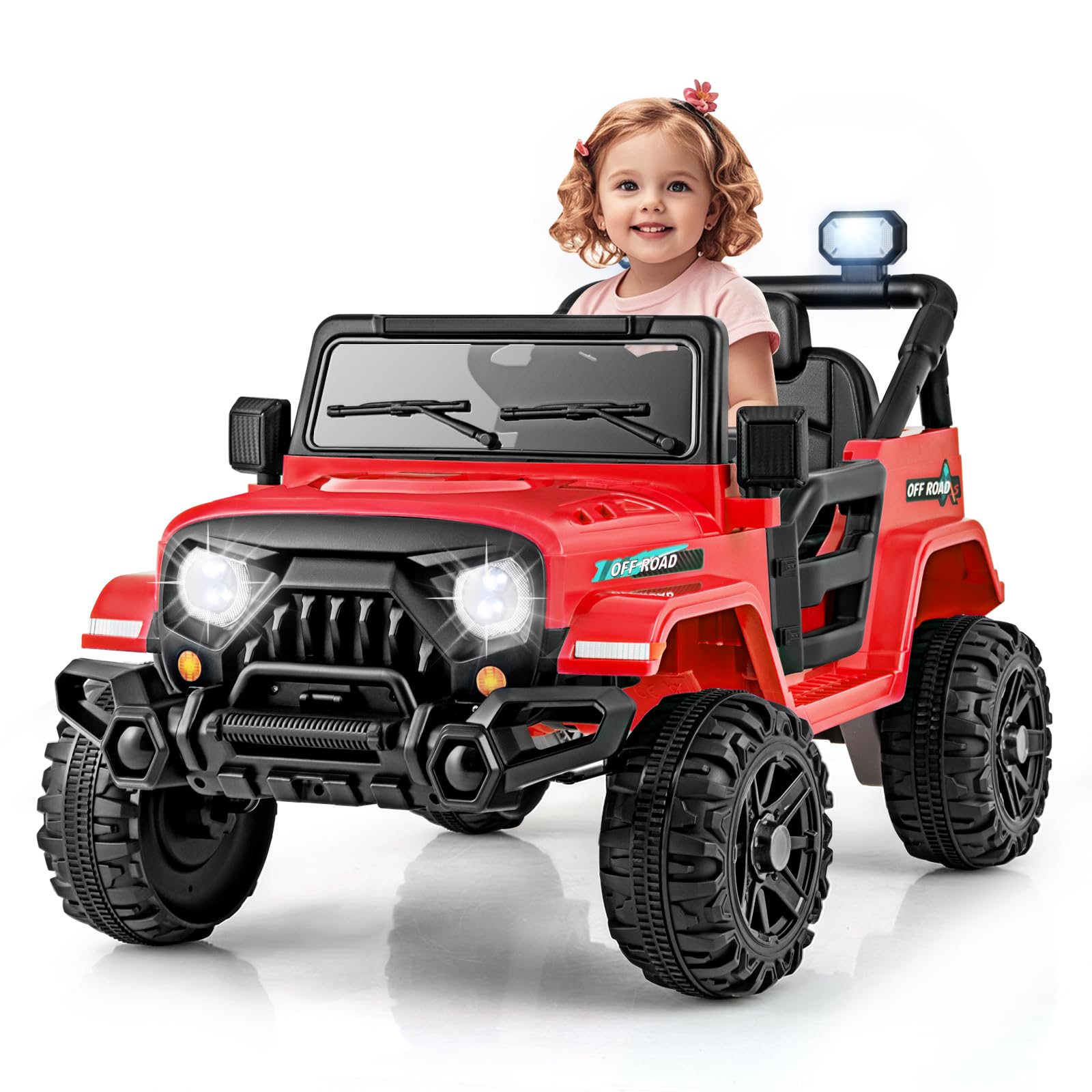 12V Kids Ride on Car, Battery Powered Electric Vehicle Truck with with Remote Control, Wireless, LED Lights, Music, Horn, 2 Motors Off Road Toy for Boys Girls 3+ Years Old (Red)