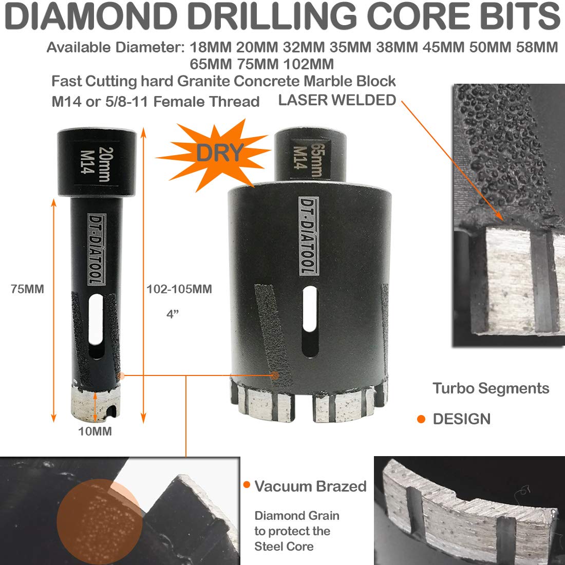 DT-DIATOOL Broca de Diamante 65mm Sierra de Agujero Soldado con Láser para Hormigón Granito Mármol Piedra