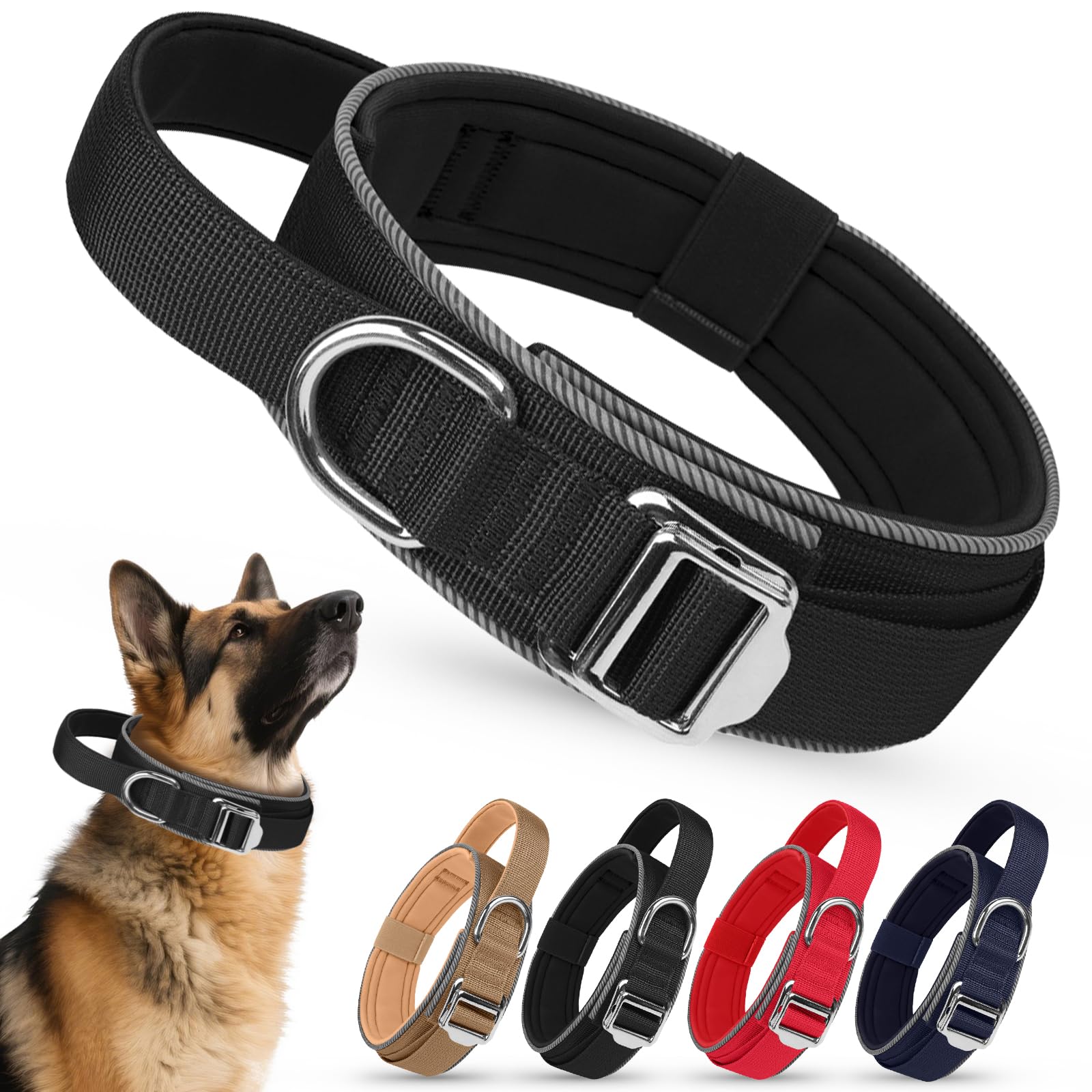 AKOFIC Tactical Dog Collar, Reflective, Heavy Duty Wide Dog Collar with Handle and Soft Padded