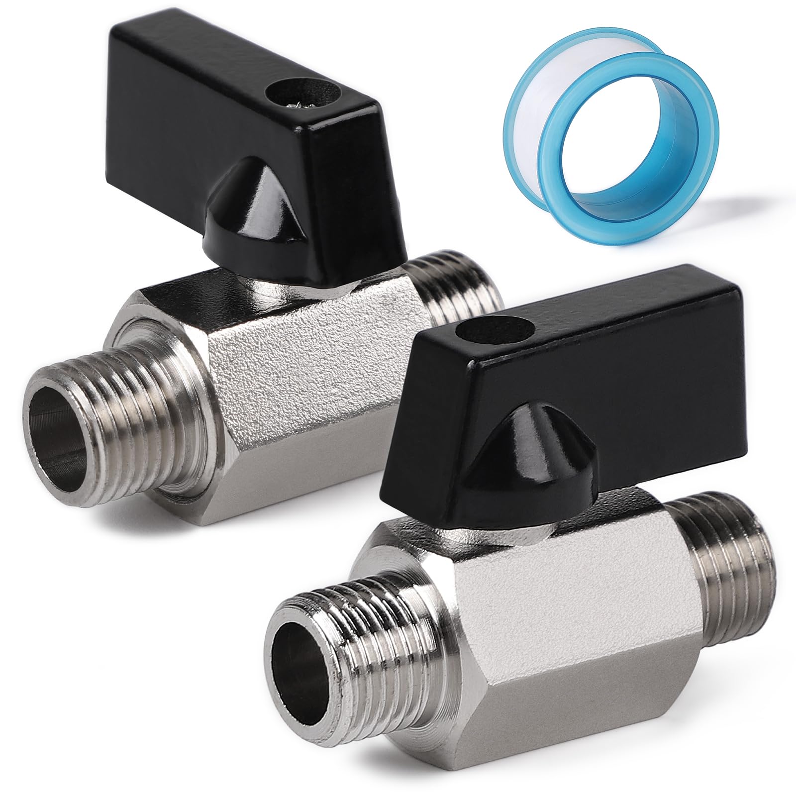 EFUTURETIME 2 x mini zawór kulowy zawór odcinający, 1/4" AG x 1/4" AG zawór odcinający, mosiądz niklowany zawór kulowy z taśmą teflonową