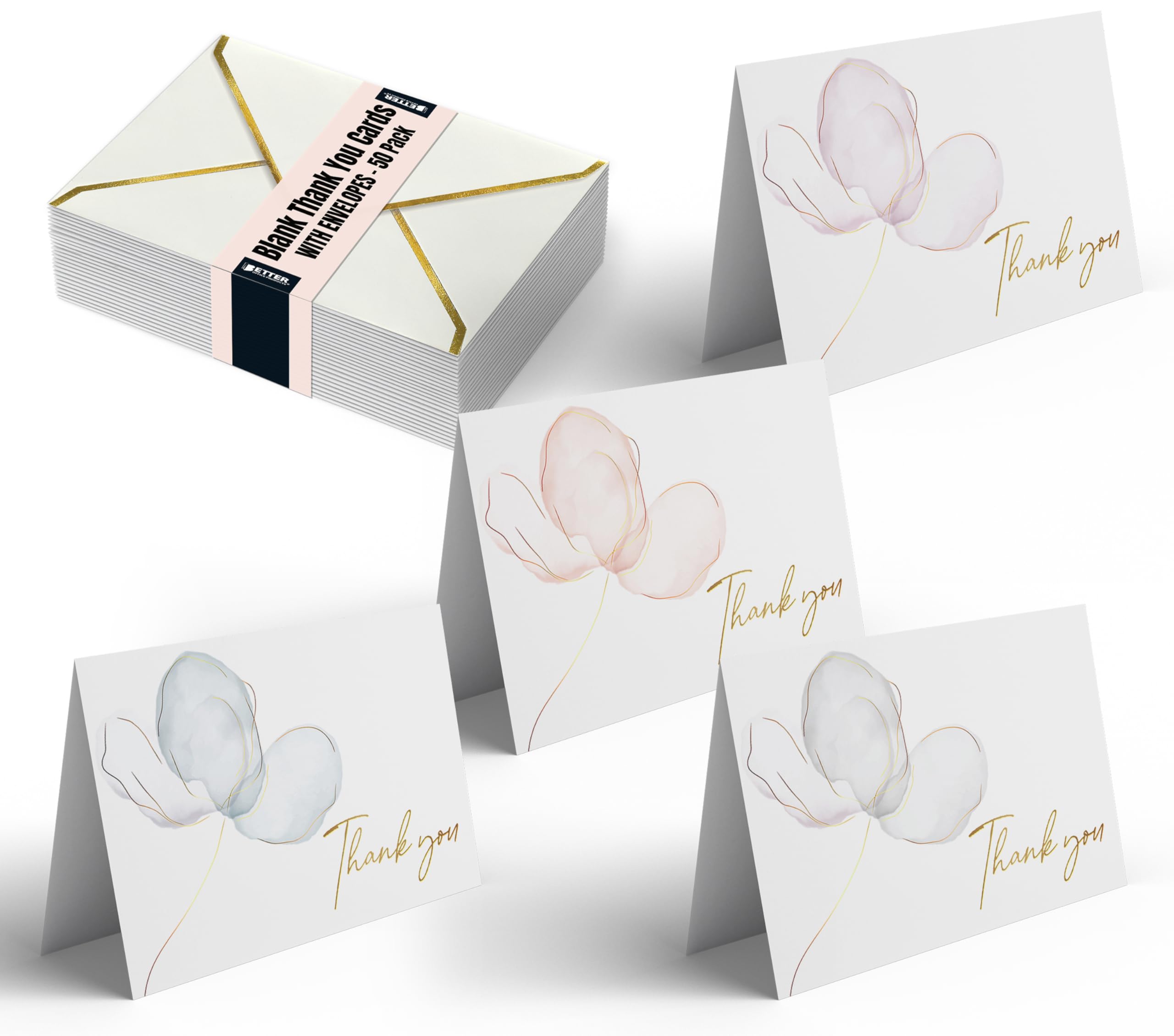 Better Office Products 50 Pack Elegant Thank You Cards &amp; Envelopes with Metallic Gold Foil, 4 Delicate Pastel Floral Cover Designs, Blank Inside, For All Occasions, Weddings, Showers
