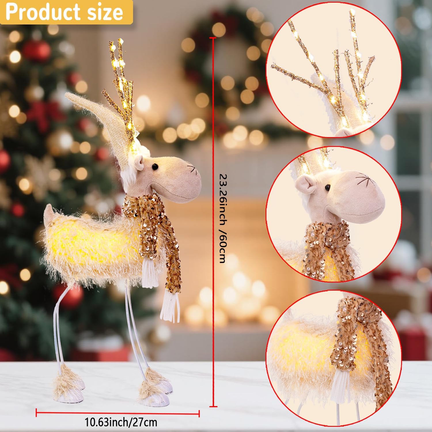 LED Lighted Christmas Reindeer Decoration – Light-Up Plush Deer Figurine and Antlers & Scarf – Battery Operated Christmas Figurines for Home Tabletop, Shelf, or Mantel Holiday Decor, Indoor Use Only