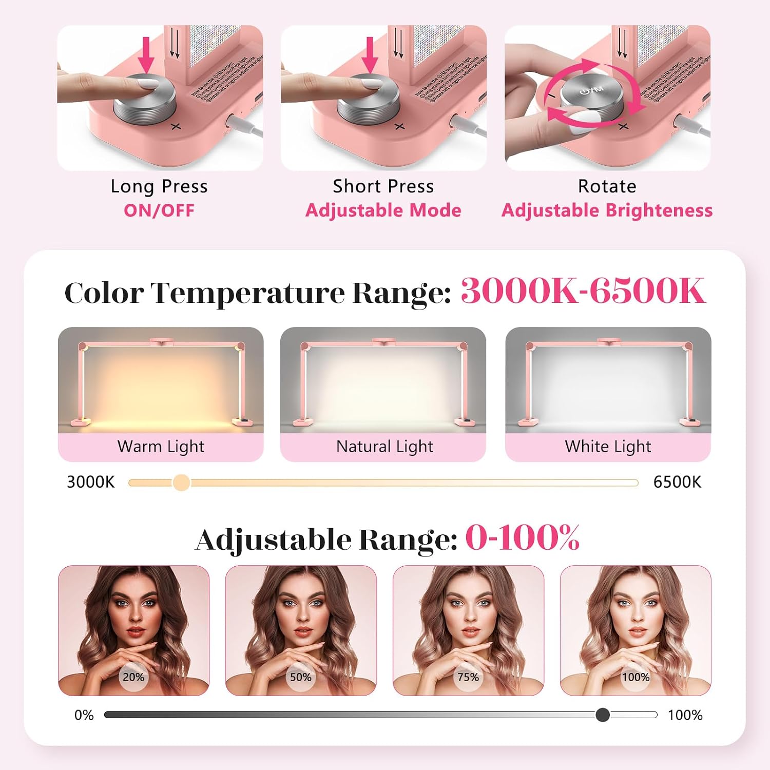 Yokilly 48W Half Moon Light: 34" Shadow-Free Half Moon Light for Desk Salon - Foldable LED Desk Lamp with Stepless Brightness 3000K-6500K for Manicurist Nail Tech (Pink Diamond, Large)