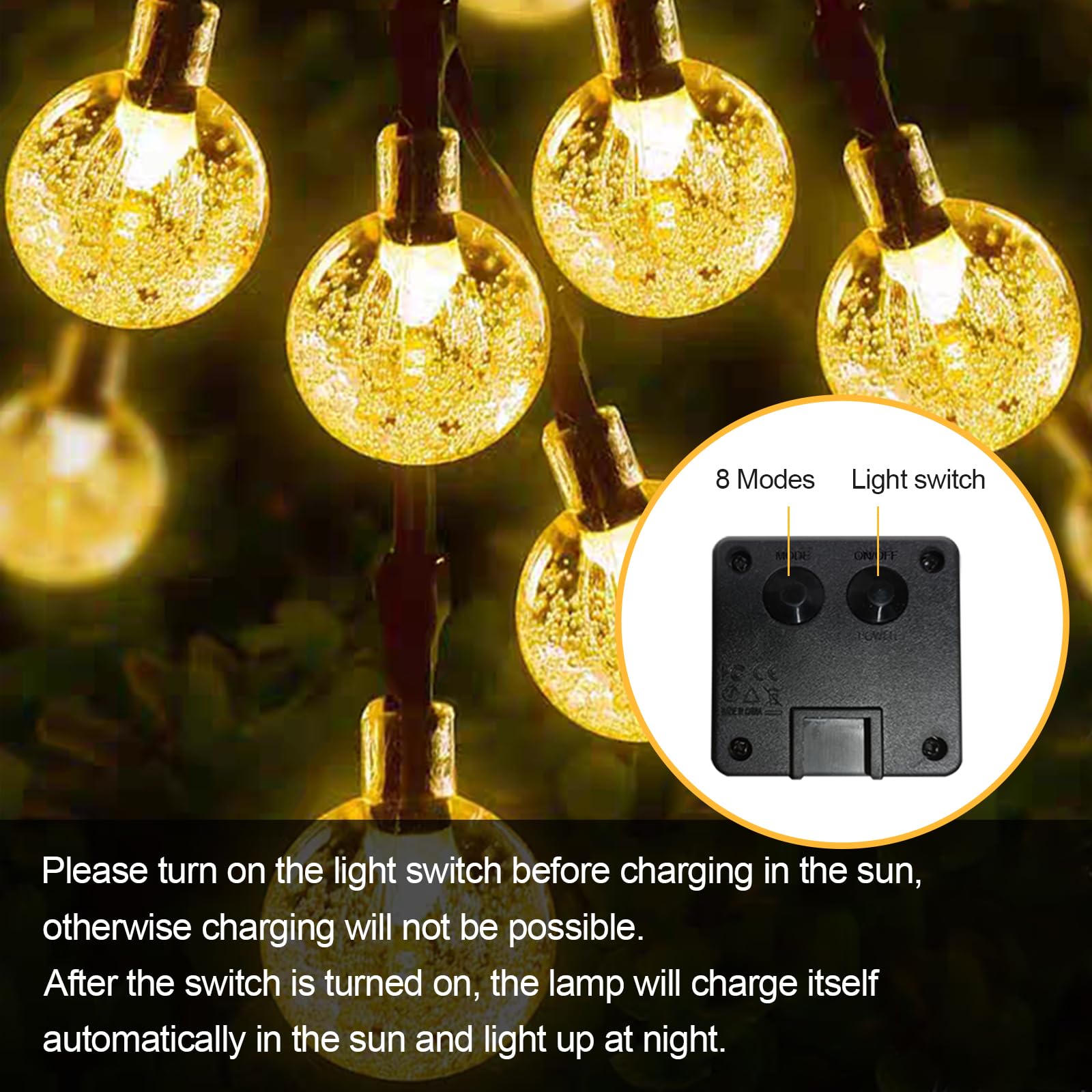 LQWELL® Catena di luci a energia solare per esterni, giardino, luce a energia solare, sfere di cristallo, 20 LED, 5 m, IP44, 8 modalità, per esterni, giardino, terrazza (5M 20LED Bianco Caldo)