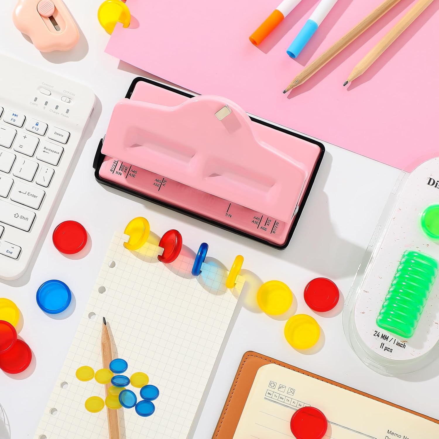 Eersida Mushroom Discbound Hole Punch 4 Holes Discbound Hole Puncher with 55 Pcs Binder Discs Expansion Discs Pink Hole Puncher for DIY Notebooks and Planners