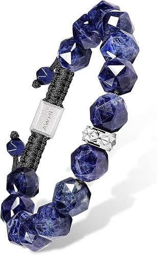 AWNL Men's Beaded Bracelet with Sterling Silver Charm Adjustable Drawstring 10mm Sodalite Red Tiger's Eye Natural Gemstone, 5.9''-7.5''