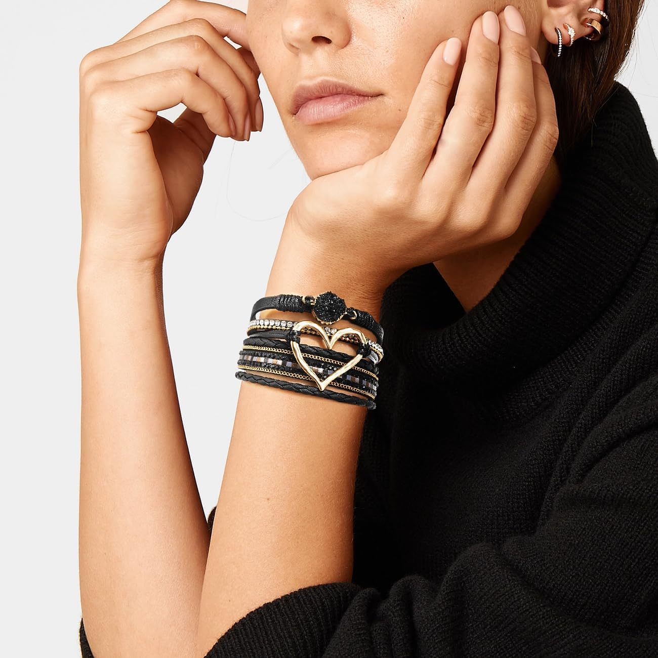 Suyi Multilayer Leather Wrap Bracelet Heart-Shape Wide Cuff Bracelets for Women