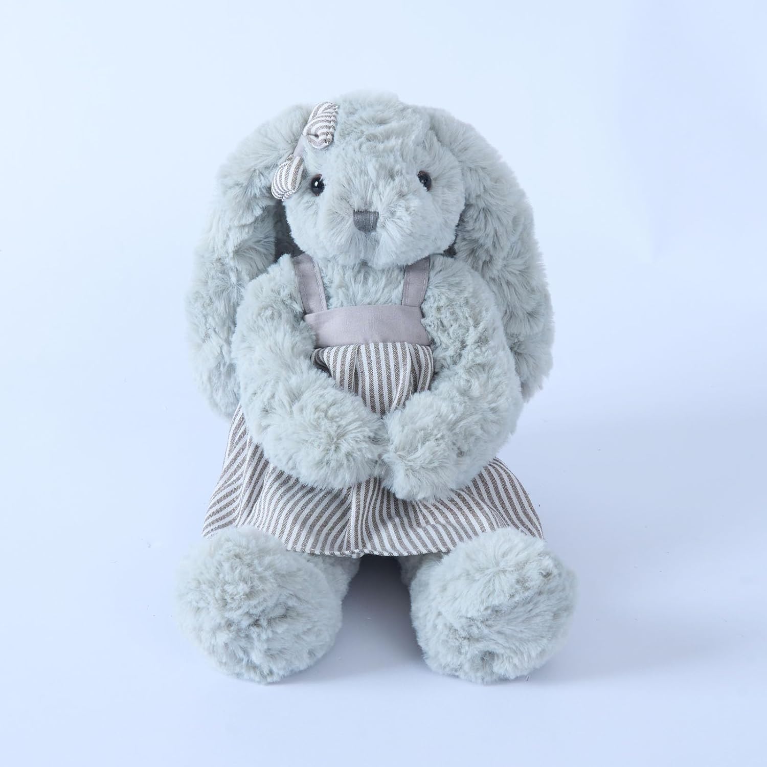 Stuffed Animal Bunny Plush Toy - 12" Soft Rabbit Plushie for Baby Girls & Boys, Gray & White Striped Dress, Easter Bunny Gift, Modern Farmhouse Nursery Decor
