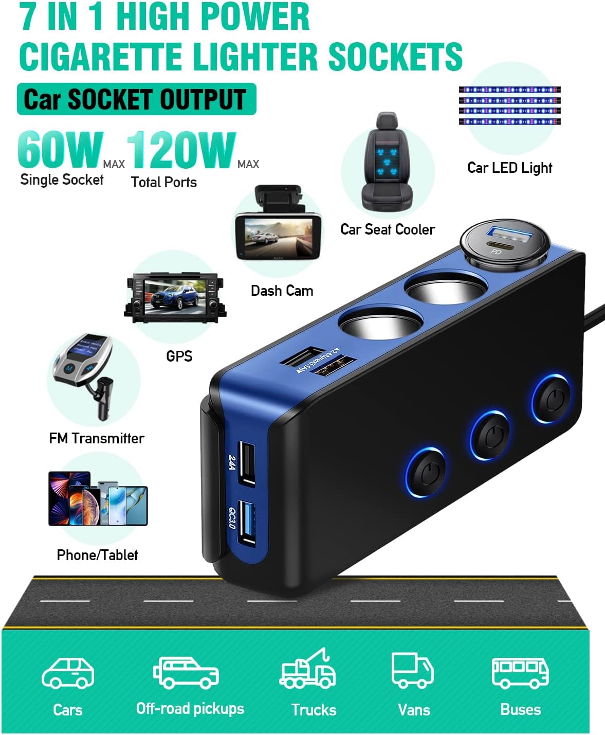 Cigarette Lighter Adapter Splitter Quick Charge 3.0, 3 Sockets 4 USB Ports Power Splitter, 120W 12V/24V Independent Switches LED Voltage Display, Upgraded Main Switch Car Charger-Blue