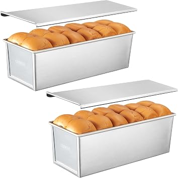CURTA 2 Pack Pullman Bread Pan with Lid, 13x5 Inch Aluminum Loaf Pan | 2 Pack 2.2 lb nonstick aluminum pullman loaf pans with lids, bread baking pans with bottom vents for even sandwich bread