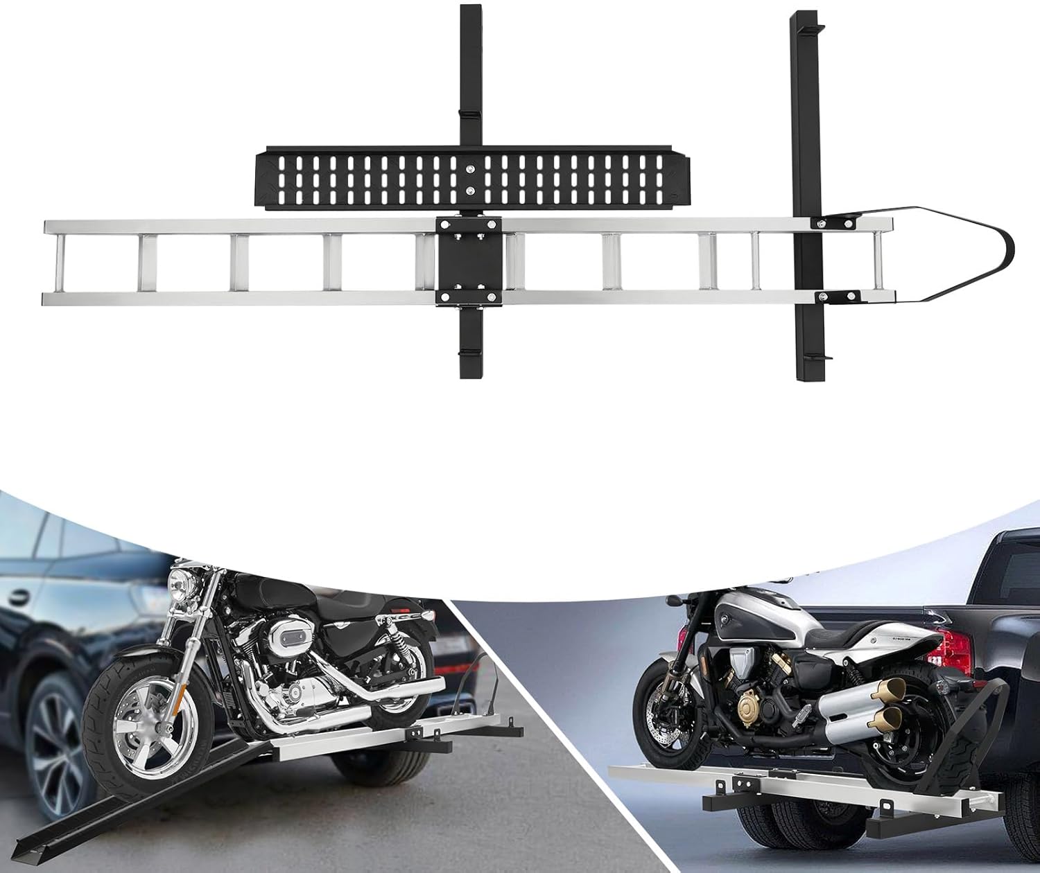 Motorcycle Hitch Carrier – Black Widow Dirt Bike Carrier with Ramp & Wheel Chock, 400 lb Capacity, Fits 2" Receiver for Trucks/SUVs, Aluminum Steel Frame, Includes Tie-Down Straps
